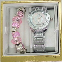 Часы с датой и браслетом розовым в упаковке М6