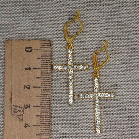 Серьги крест в золоте стразы 5 см М235