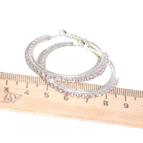 Серьги кольцо страз D 4 см серебристые